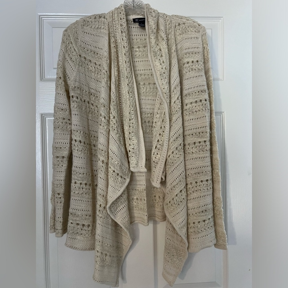 INC drape front lurex cardigan. Size L.